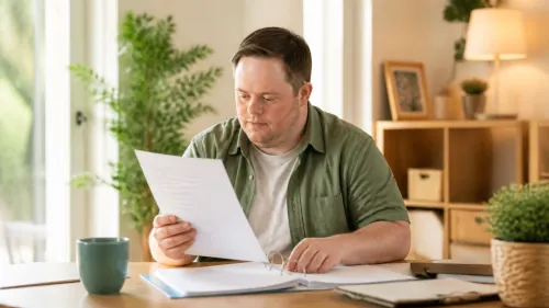 Man looking at invoices and documents from a folder.