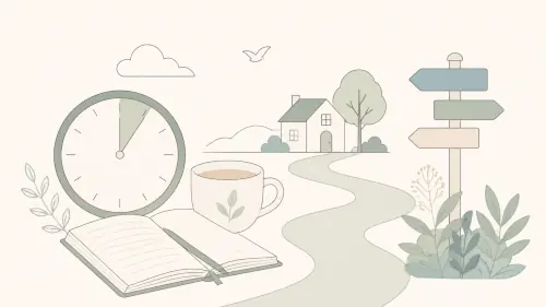 A calm symbolic illustration of a one-hour consultation, with a clock, notebook, cup of tea, house and signpost.