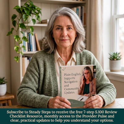 A woman holding the Steady Guide Supports Navigation Guide and Newsletter