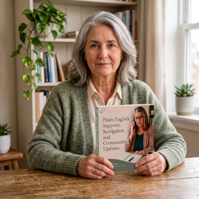 Woman reading a Steady Guide educational book