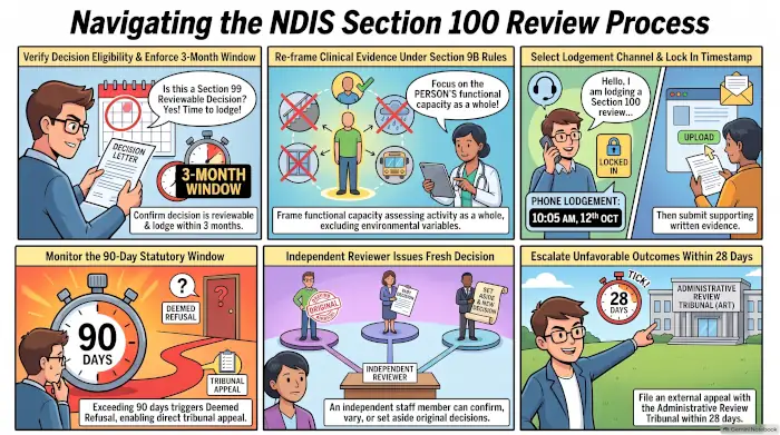 Navigating the NDIS Section 100 Review Process: A cartoon representation of the process from confirming that a s.100 can be lodged to referring to an external review at ART.