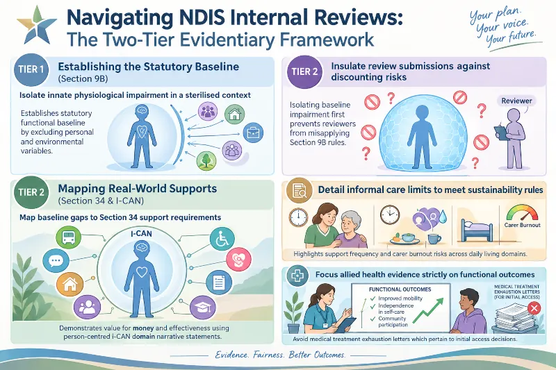 Infographic titled 'Navigating NDIS Internal Reviews: The Two-Tier Evidentiary Framework' on a light glare-reduction background with Deep Navy (#002B49) and Eucalyptus Green (#3A6B58) accents. Illustrates a four-quadrant framework: Tier 1 (Section 9B) isolates innate physiological impairment to establish a statutory baseline; Tier 2 insulates review submissions against discounting risks, maps real-world supports using Section 34 and person-centred I-CAN domain statements, details informal care limits and carer burnout risks, and aligns allied health evidence strictly with functional outcomes.