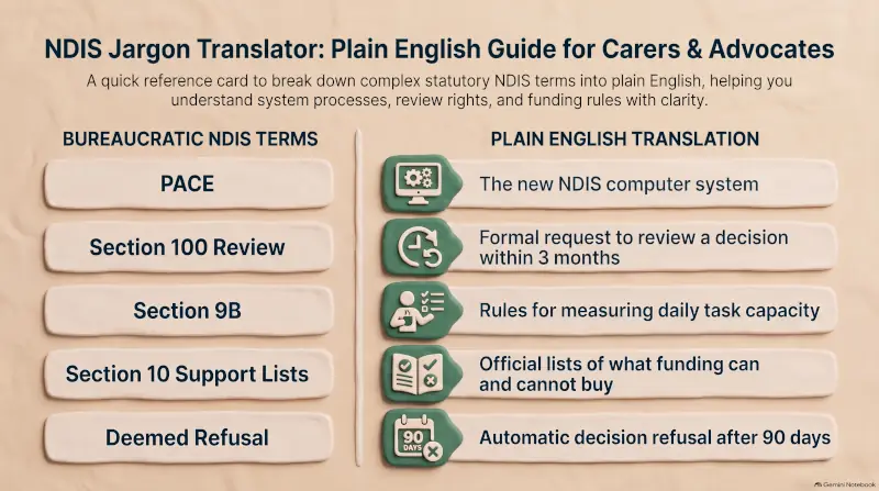 A high-contrast, minimalist infographic on a Warm Sand background card with Deep Navy text and Eucalyptus Green structural accents. The diagram displays a clean 2-column comparative layout. The left column lists bureaucratic NDIS terms ("PACE", "Section 100 Review", "Section 9B", "Section 10 Support Lists", "Deemed Refusal"). The right column provides direct plain-English translations ("The new NDIS computer system", "Formal request to review a decision within 3 months", "Rules for measuring daily task capacity", "Official lists of what funding can and cannot buy", "Automatic decision refusal after 90 days"). Features bold icon badges alongside each translation, acting as a standalone, highly shareable reference card for regional Queensland carers and disability advocates.