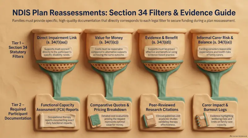A side-by-side stylistic flowchart diagram styled in Deep Navy text on Warm Sand card containers with Eucalyptus Green accents. The top tier displays four key Section 34 statutory filters: Direct Impairment Link (s.34(1)(aa)), Value for Money (s.34(1A)), Evidence Hierarchy (s.34(1E)), and Informal Carer Risk (s.34(1K)). The lower tier illustrates required participant documentation (FCA reports, comparative quotes, peer-reviewed research citations, and carer burnout logs). Serves as a standalone, clear educational graphic for families preparing for NDIS plan reassessments.
