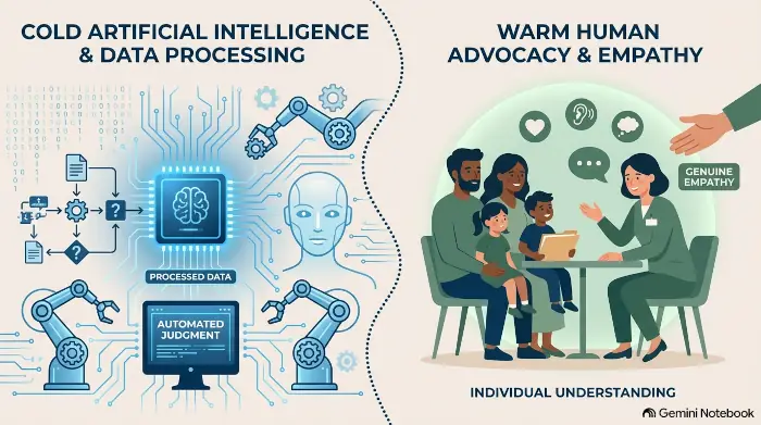 Conceptual illustration comparing artificial intelligence algorithms with empathetic human clinical judgment in NDIS advocacy