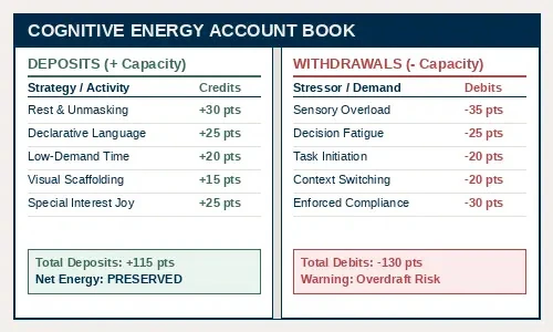 Cognitive Energy Account Book diagram showing Energy Deposits like Rest, Declarative Language, and Special Interest Joy (+115 pts) versus Energy Withdrawals like Sensory Overload, Decision Fatigue, and Enforced Compliance (-130 pts).
