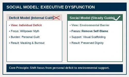 Infographic comparing the Deficit Model of executive dysfunction (internalised guilt and willpower myths) against Steady Guide's Social Model, emphasising that difficulty with task execution is an environmental mismatch rather than a personal failure.