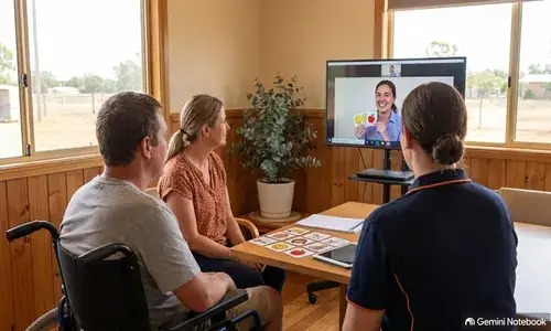A picture of a participant and his wife receiving speech therapy, together with a local therapy assistant.
