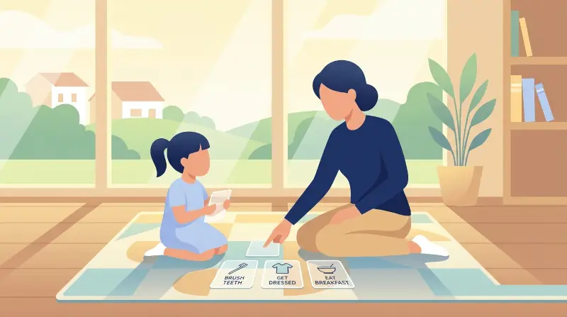 A mother and her young Autistic daughter sitting on a play mat in a bright Toowoomba home, using visual communication cards to transition smoothly between morning routines.