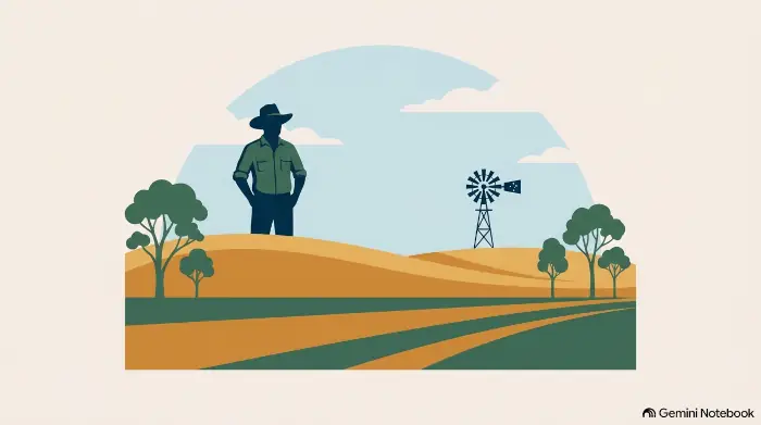 Illustration of a Queensland farmer in a rural agricultural landscape representing regional community rhythms
