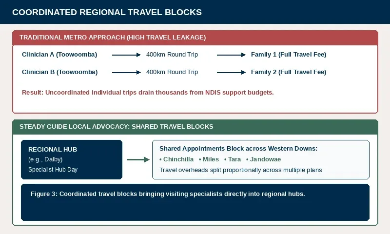 Infographic showing how visiting therapists coordinate shared travel blocks across Western Downs regional towns.