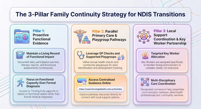 Bento-grid infographic illustrating 'The 3-Pillar Family Continuity Strategy for NDIS Transitions'. Panel 1: Proactive Functional Evidence; Panel 2: Parallel Medicare & Playgroup Pathways; Panel 3: Local Support Coordination & Key Worker Partnership.