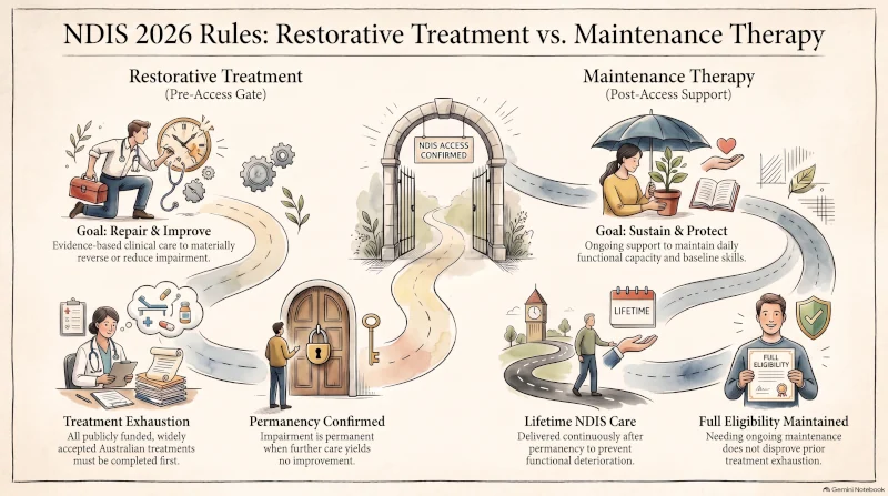A side-by-side conceptual flowchart diagram titled 'NDIS 2026 Rules: Restorative Treatment vs. Maintenance Therapy'. On the left side, 'Restorative Treatment (Pre-Access Gate)' illustrates medical treatment exhaustion requirements under Section 25A, where all publicly funded, widely accepted Australian treatments must be completed prior to NDIS entry to confirm permanent impairment. At the center is an archway gate labeled 'NDIS ACCESS CONFIRMED'. On the right side, 'Maintenance Therapy (Post-Access Support)' illustrates ongoing, post-access capacity-building support to sustain daily functional capacity and protect baseline skills, confirming that needing ongoing maintenance therapy does not disprove prior treatment exhaustion under Section 24.